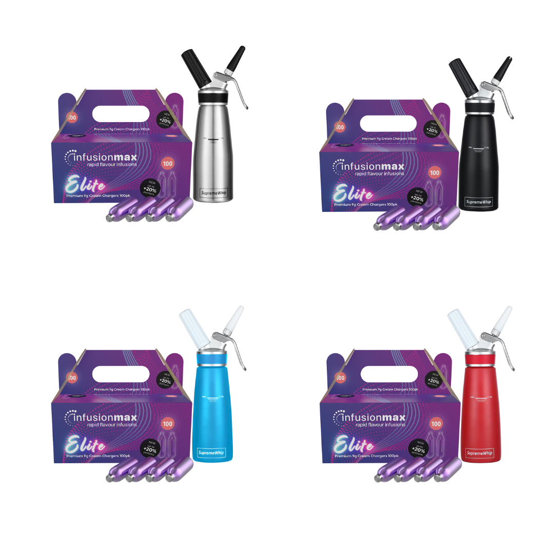 InfusionMax Elite 100 Packs 9g Cream Chargers + SupremeWhip PRO 500ml Dispenser Bundle