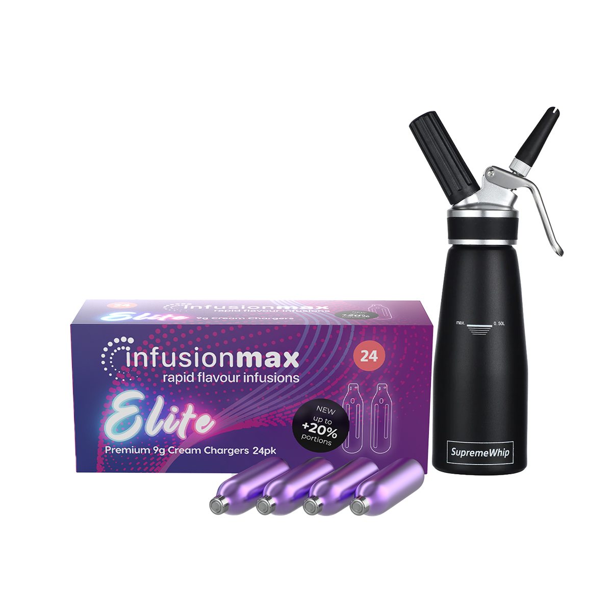 InfusionMax Elite 100 Packs 9g Cream Chargers + SupremeWhip PRO 500ml Dispenser Bundle