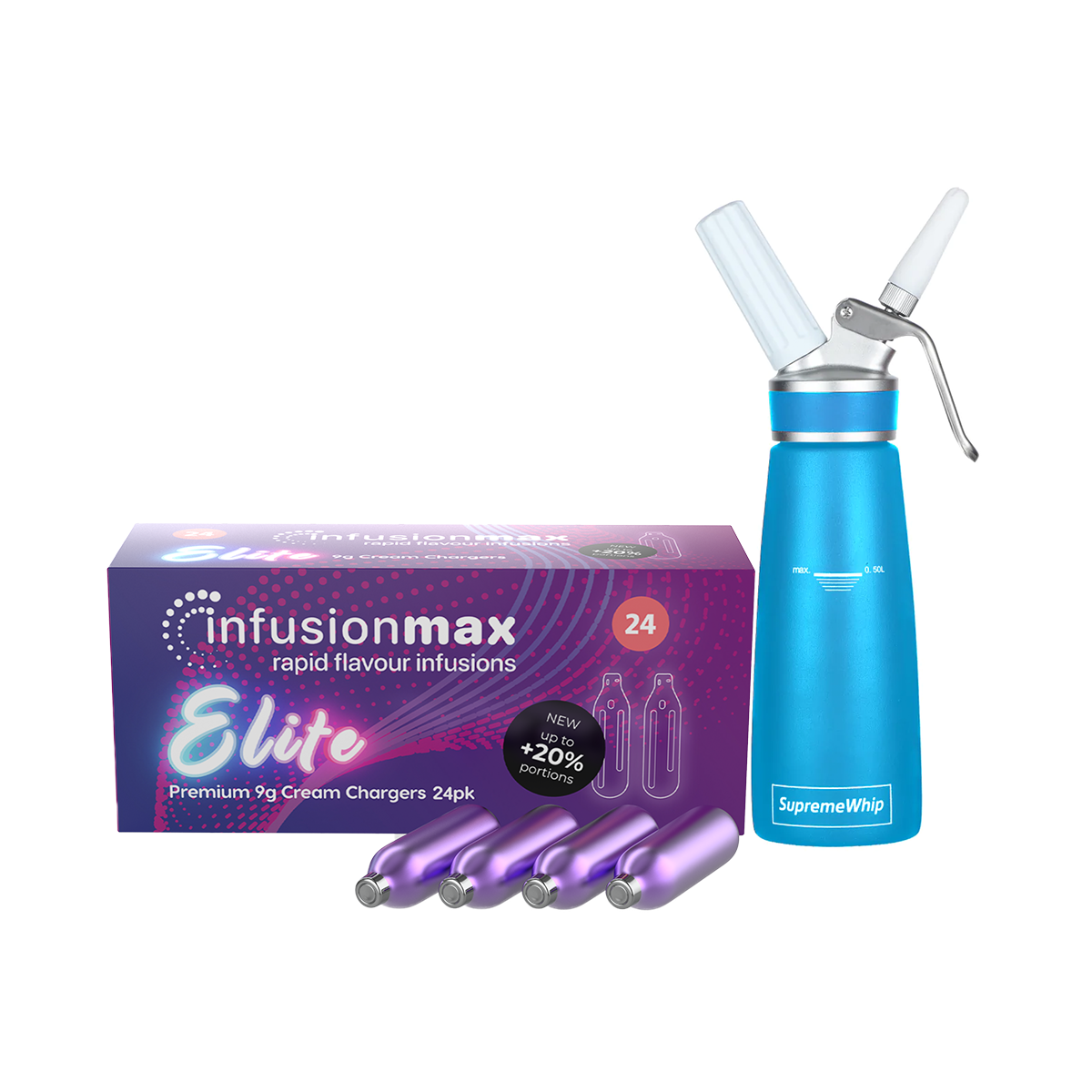 InfusionMax Elite 100 Packs 9g Cream Chargers + SupremeWhip PRO 500ml Dispenser Bundle