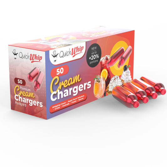 QuickWhip PRO 9g! N2O Whipped Cream Chargers (Cartridges) - 50 Packs