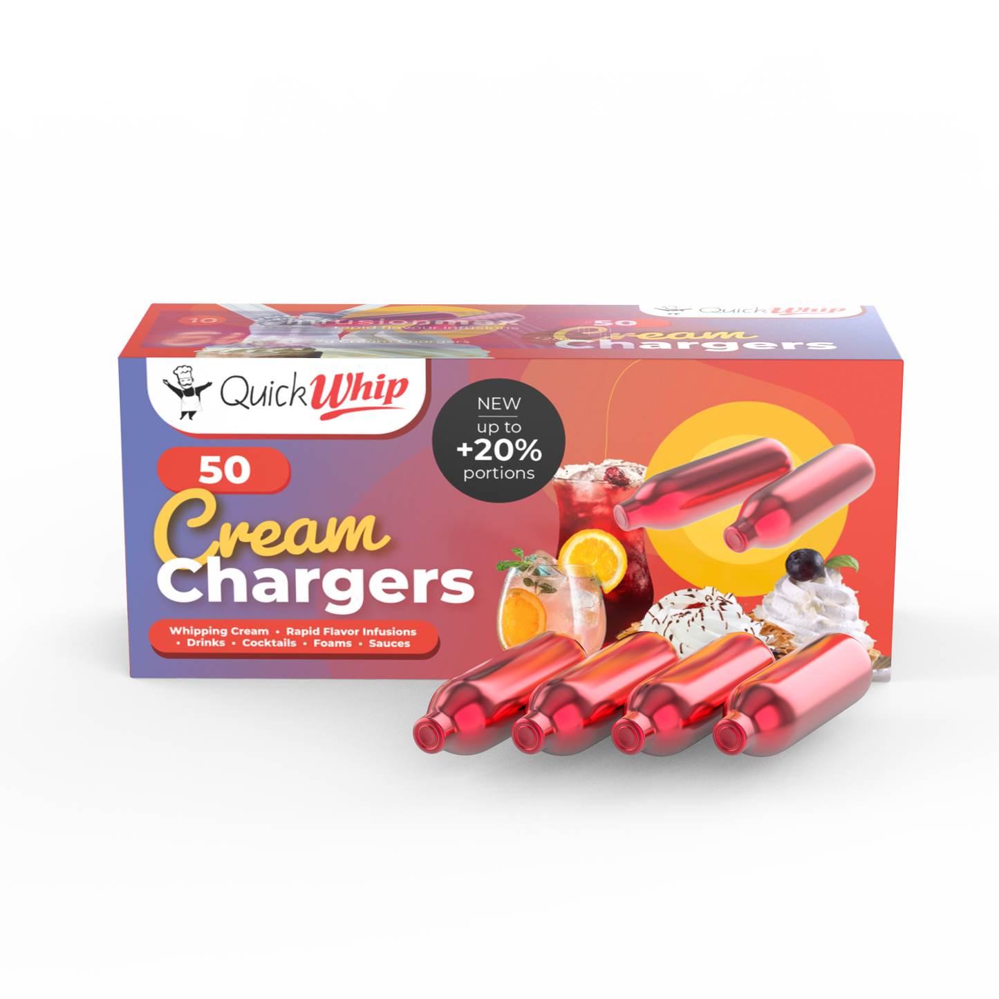QuickWhip PRO 9g! N2O Whipped Cream Chargers (Cartridges) - 50 Packs