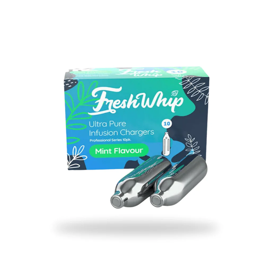 FreshWhip Mint Cream Chargers 10 Pack with premium food-grade N₂O for whipped cream, desserts and drinks.