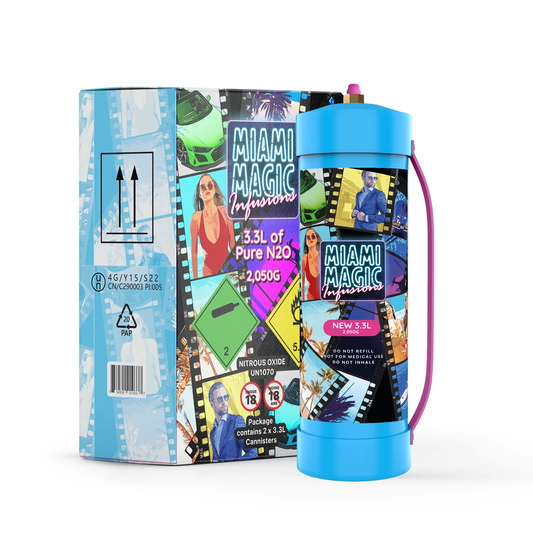 Miami Magic 2050g 3.3L flavoured N2O cylinder with packaging