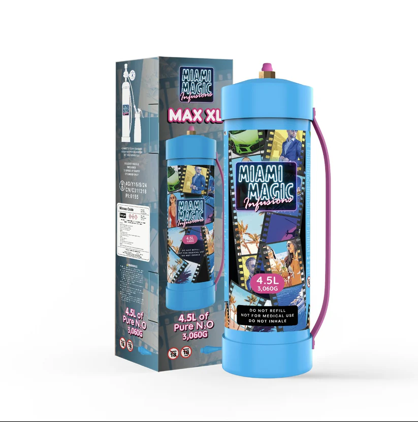 Miami Magic 4.5L cream charger canister with retail packaging for whipped cream and flavor infusion applications.