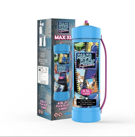 Miami Magic 4.5L cream charger canister with retail packaging for whipped cream and flavor infusion applications.