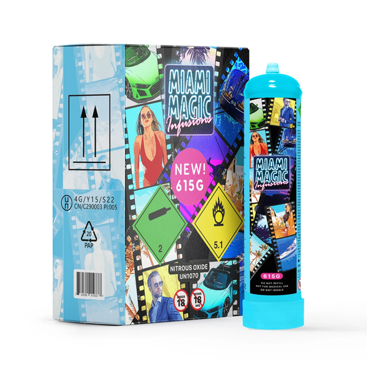 Miami Magic 615g N2O cylinder with product packaging