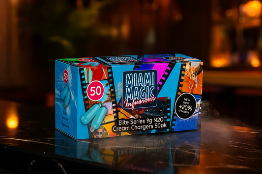 Miami Magic 9g N2O cream chargers displayed in a professional kitchen and beverage preparation setting