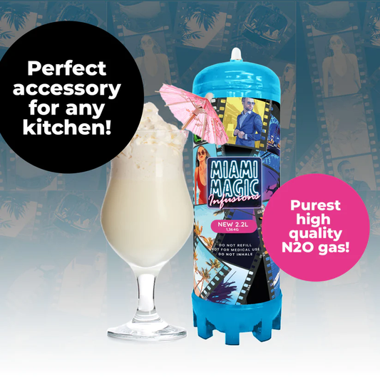 Miami Magic Infusions 2.2L N2O canister with whipped cream demonstrating bulk culinary nitrous oxide for cafés, bars, and commercial kitchens.