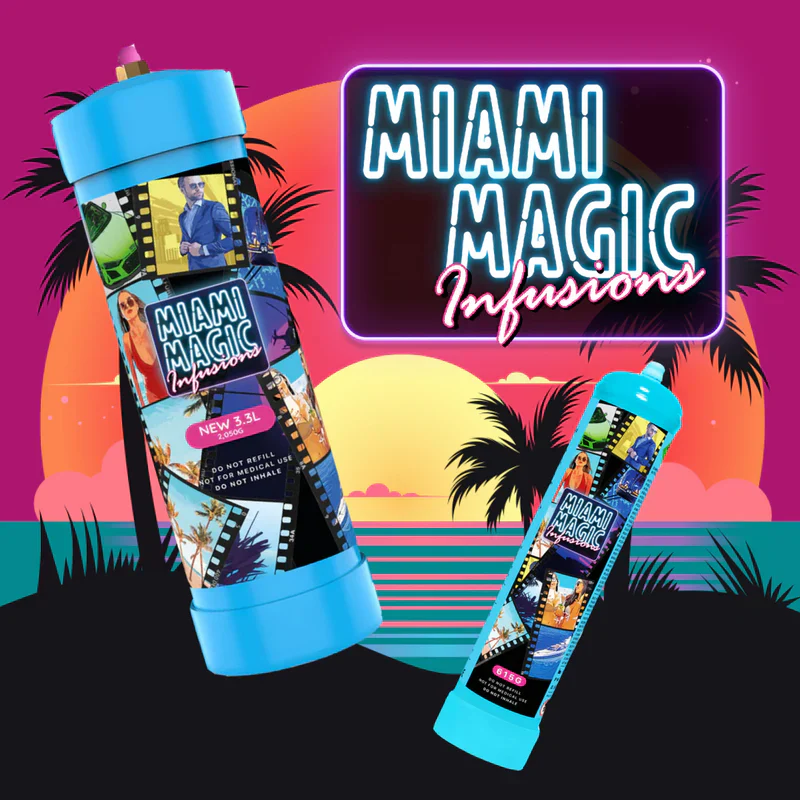 Miami Magic Infusions flavoured N₂O canisters for creating consistent whipped cream, cocktail foams, and dessert infusions.