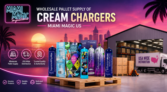 Miami Magic wholesale pallet supply of cream chargers and large N2O canisters ready for bulk distribution