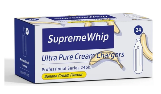SupremeWhip Banana Cream Flavour cream chargers in a 24-pack box