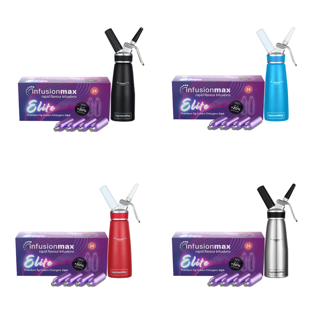 InfusionMax Elite 9g Cream Chargers 24 Packs + SupremeWhip PRO 500ml Dispenser Bundle