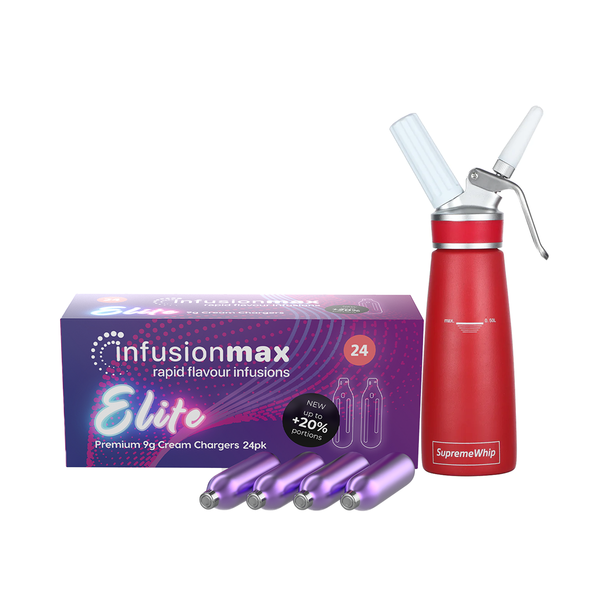 InfusionMax Elite 100 Packs 9g Cream Chargers + SupremeWhip PRO 500ml Dispenser Bundle