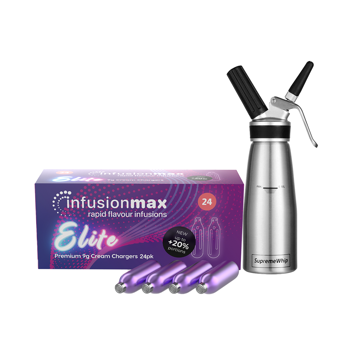 InfusionMax Elite 100 Packs 9g Cream Chargers + SupremeWhip PRO 500ml Dispenser Bundle